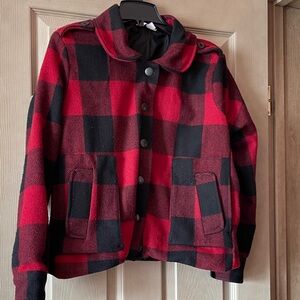 Relativity Bold Red and Black Checkered Pea Coat